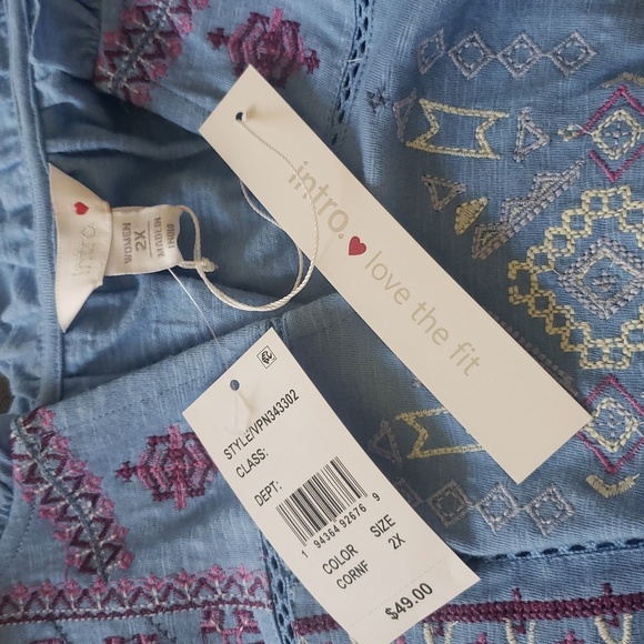 Boho Cotton 2X Knit Embroidered Lace Notch V-Neck Sleeveless Swing Tank Top - Picture 7 of 10